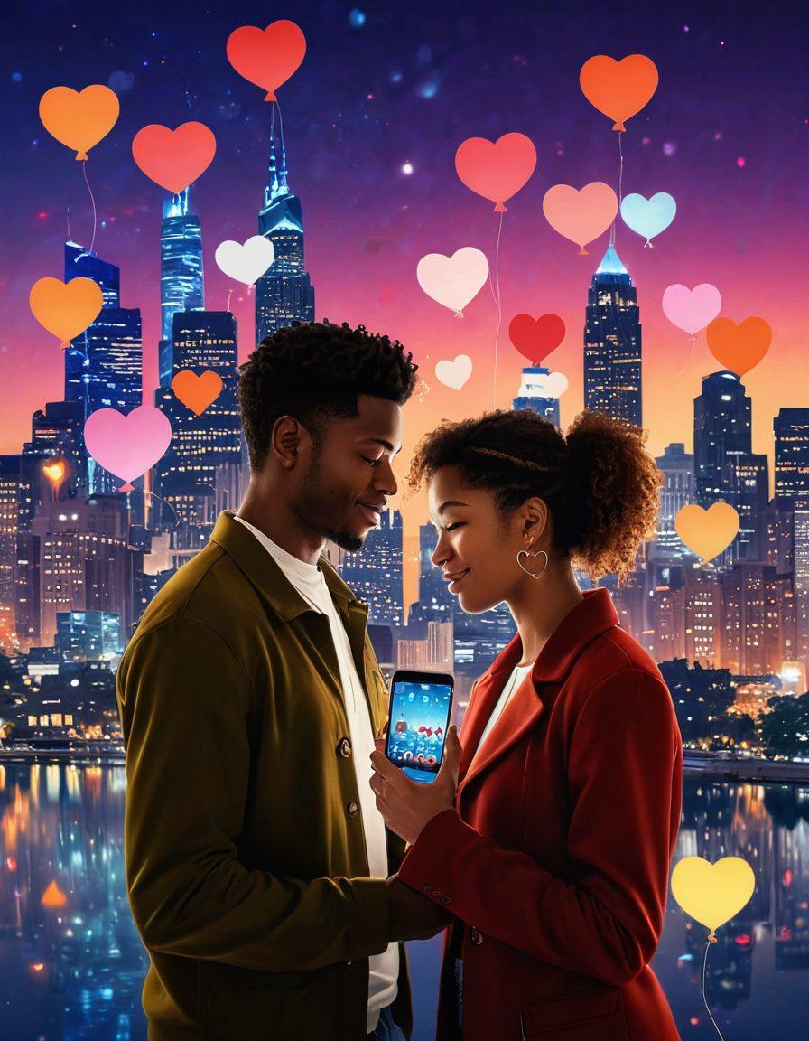 A digital collage depicting a young couple interacting through their smartphones, surrounded by love symbols like hearts and chat bubbles, with a backdrop of a glowing city skyline at dusk. The scene illustrates a blend of virtual and real connections, showing diverse individuals of various ethnicities finding love online. Emphasize warmth and connection with soft, inviting lighting. vibrant colors. modern digital art.