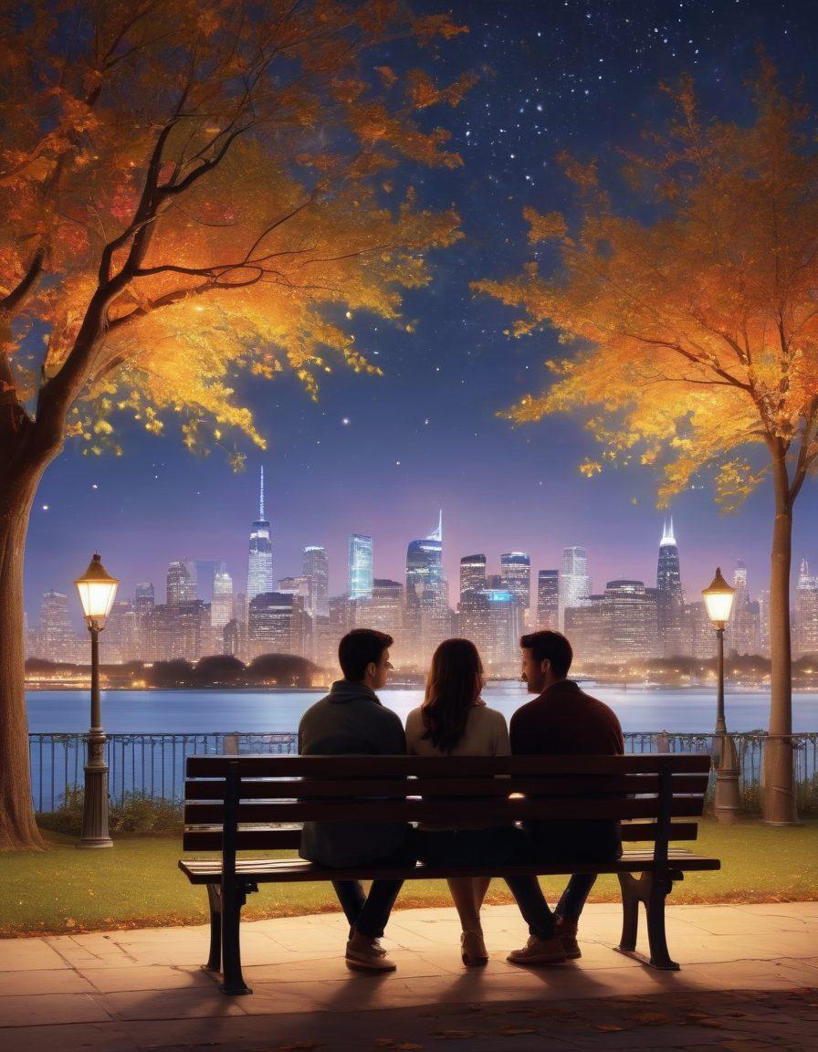 A serene urban park scene at dusk, featuring couples of diverse backgrounds sharing intimate moments on a park bench, illuminated by soft, warm light from street lamps. Laptops and smartphones scattered around, symbolizing digital connections, while a beautiful skyline looms in the background with twinkling stars. The atmosphere conveys warmth, joy, and the blending of technology with romance. super-realistic. vibrant colors. soft focus.