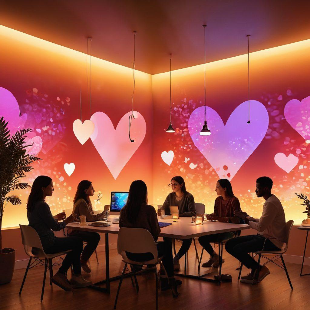 A cozy digital workspace adorned with warm lighting, where a diverse group of people connect through glowing screens, sharing heartfelt messages and virtual hugs. Incorporate elements symbolizing affection, like hearts and connected hands, amidst a backdrop of a colorful digital landscape. The atmosphere should feel inviting and intimate, echoing the essence of meaningful connections. vibrant colors. super-realistic.